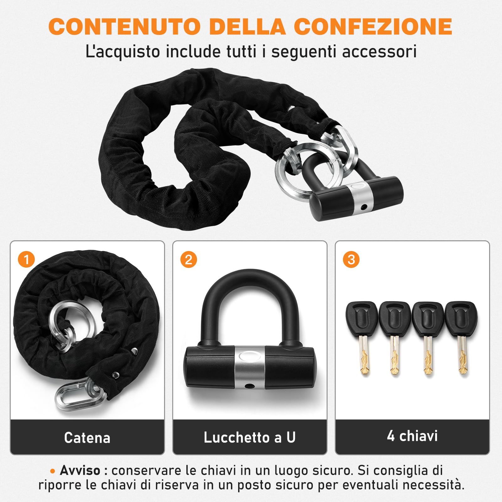 Catena Antifurto Moto 12 mm in Acciaio Temprato con Lucchetto a U e 4 Chiavi, Catena di Sicurezza per Moto, E-Bike, Scooter e Bicicletta, 120 cm – Argento