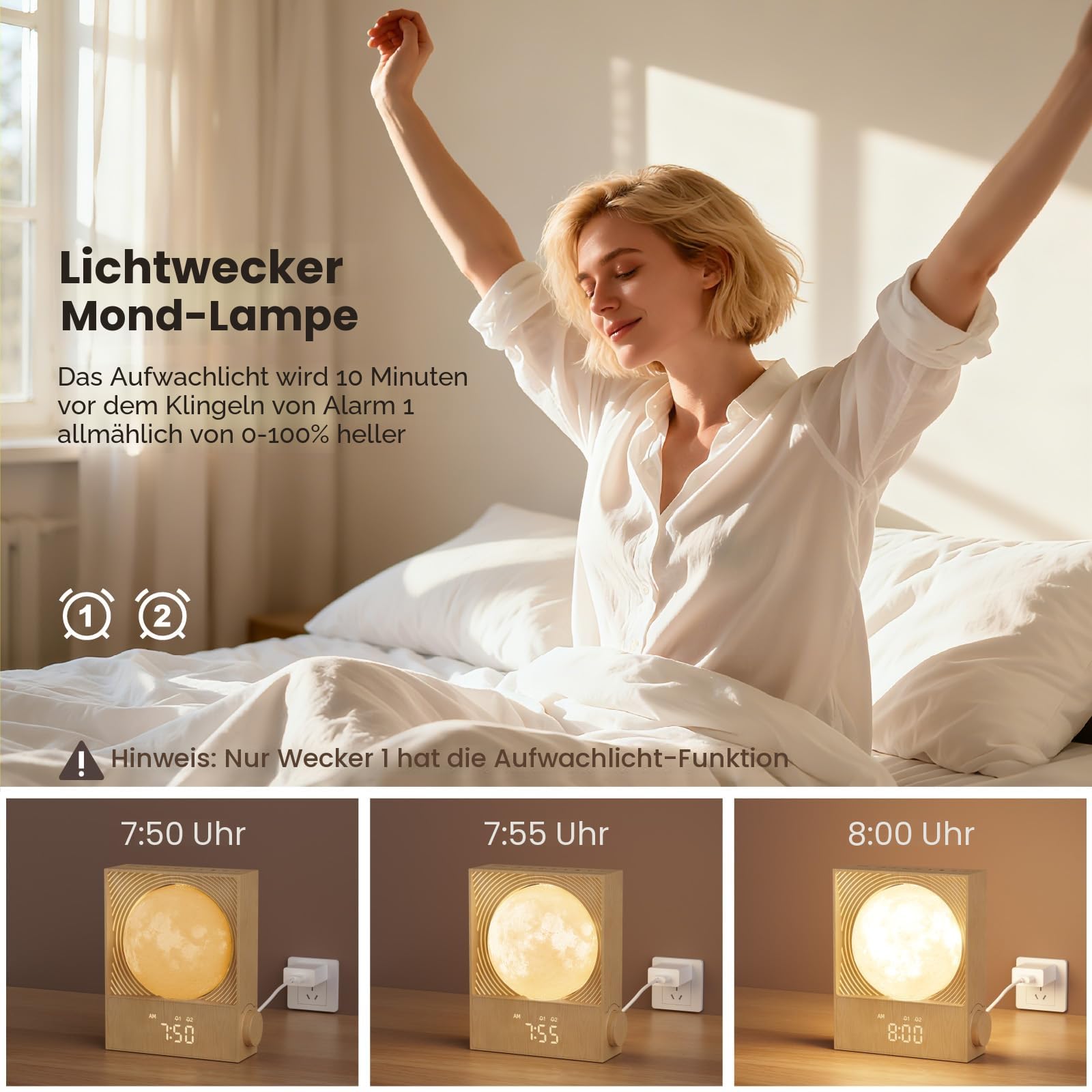 RETEYUNG Rotierende Mondlampe mit Sonnenaufgangs-Wecker, Nachtlicht für Erwachsene und Kinder, 15 Wecktöne, RGB Beleuchtung, 10 Naturklänge, Geschenk für Jugendliche und Studenten
