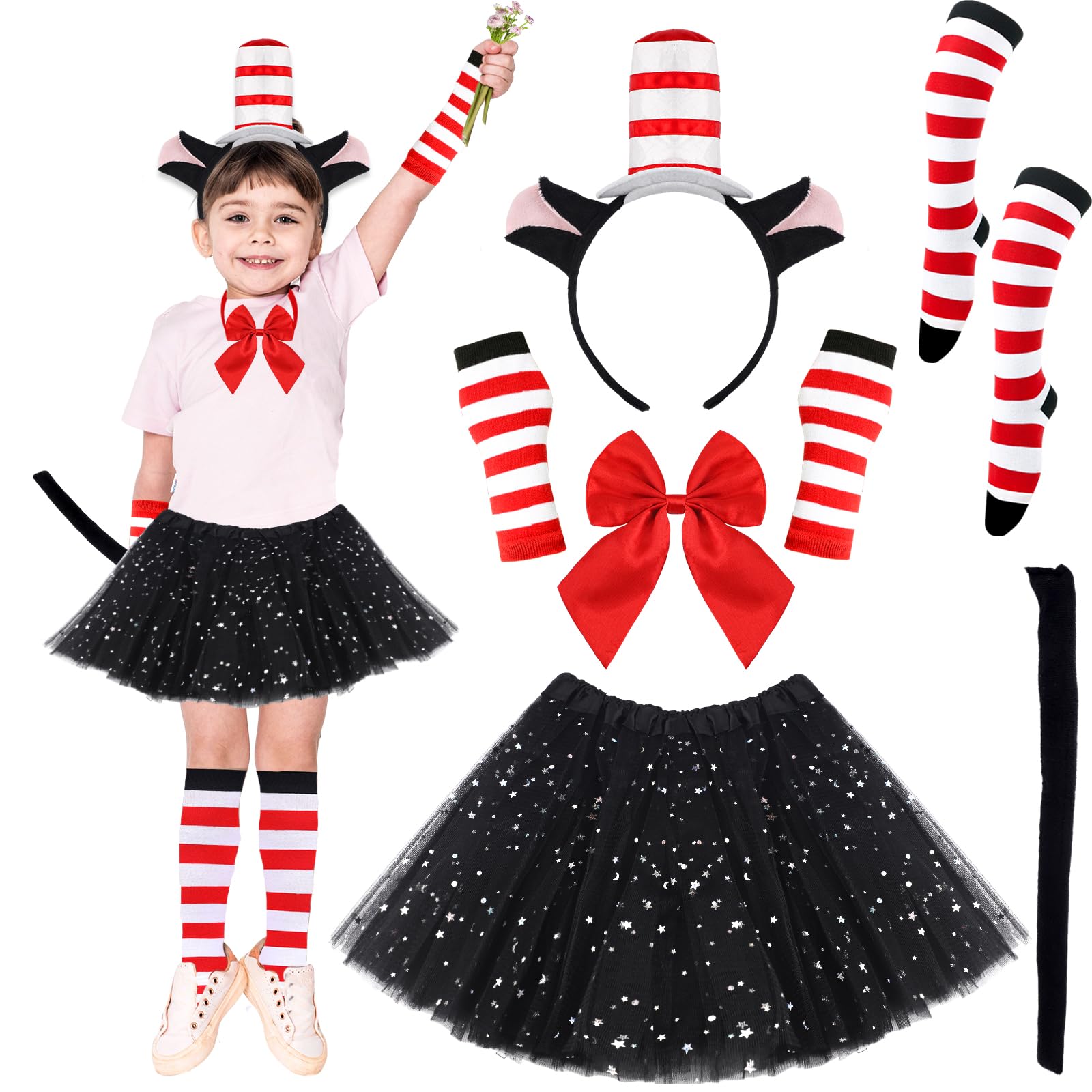 KMLGY 8PCS World Book Day Hat Cat Costume with Headband, Tail, Tutu, Bowtie, Arm Warmers, Stockings and Tutu Skirt