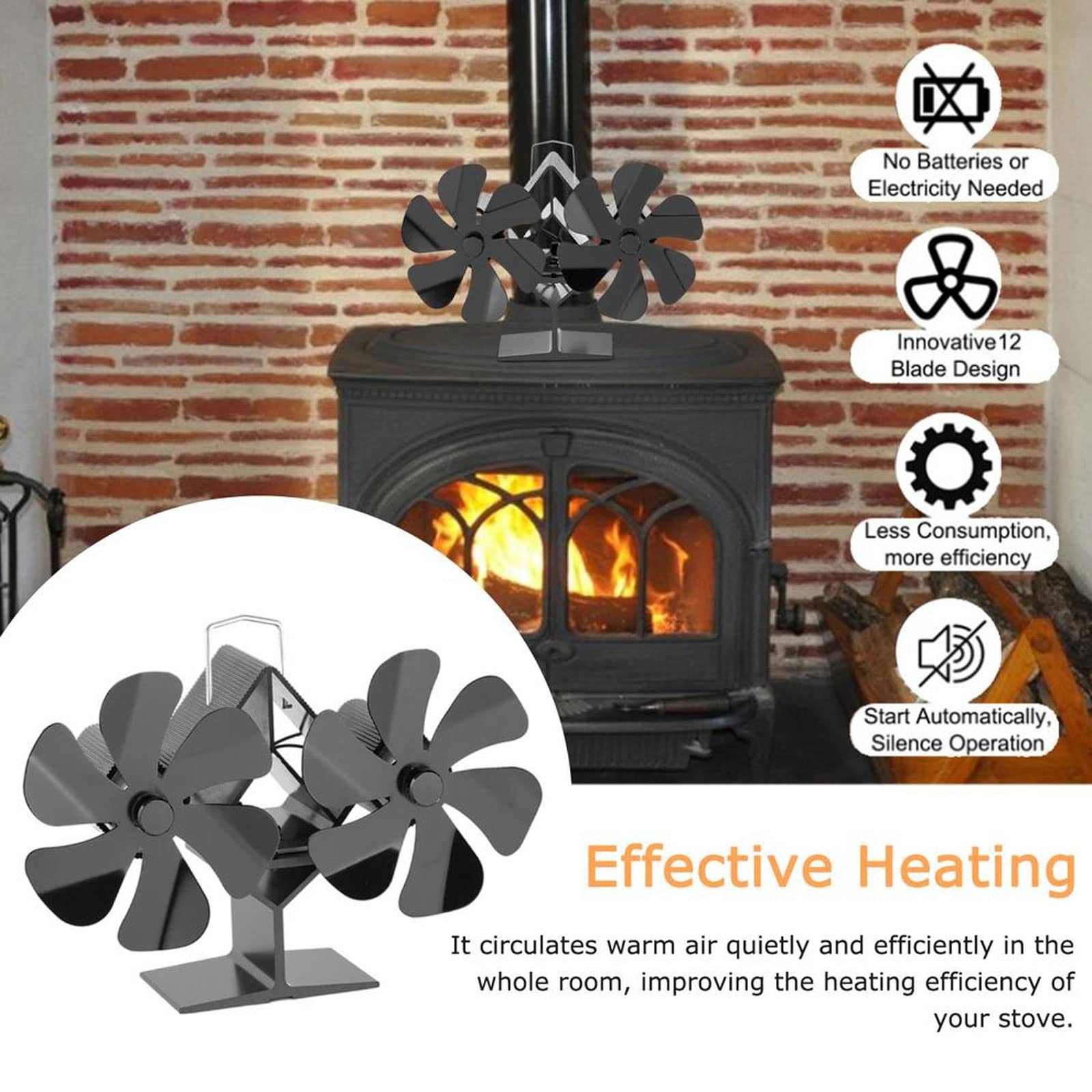 Ventilador de 12 aspas para Estufas de leña Ventilador para Estufas de leña Ventilador silencioso para el hogar Ventilador Doble de 6 aspas para chimeneas