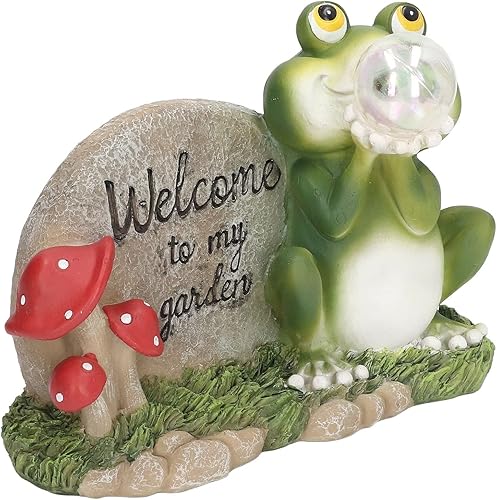 Miniatura 8 de Decoración de estatua de resina de jardín con luz solar, jardín patio trasero Welcome to My Garden Escultura de rana de resina con energía solar LED