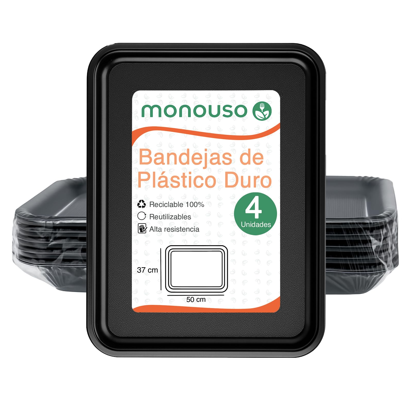4 Bandejas de Plástico Duro, 50x37cm, Color Negro, Bandeja Rectangular, para Servir, Autoservicio, Fast Food, Apto para Lavavajillas, Resistente, Plástico PS