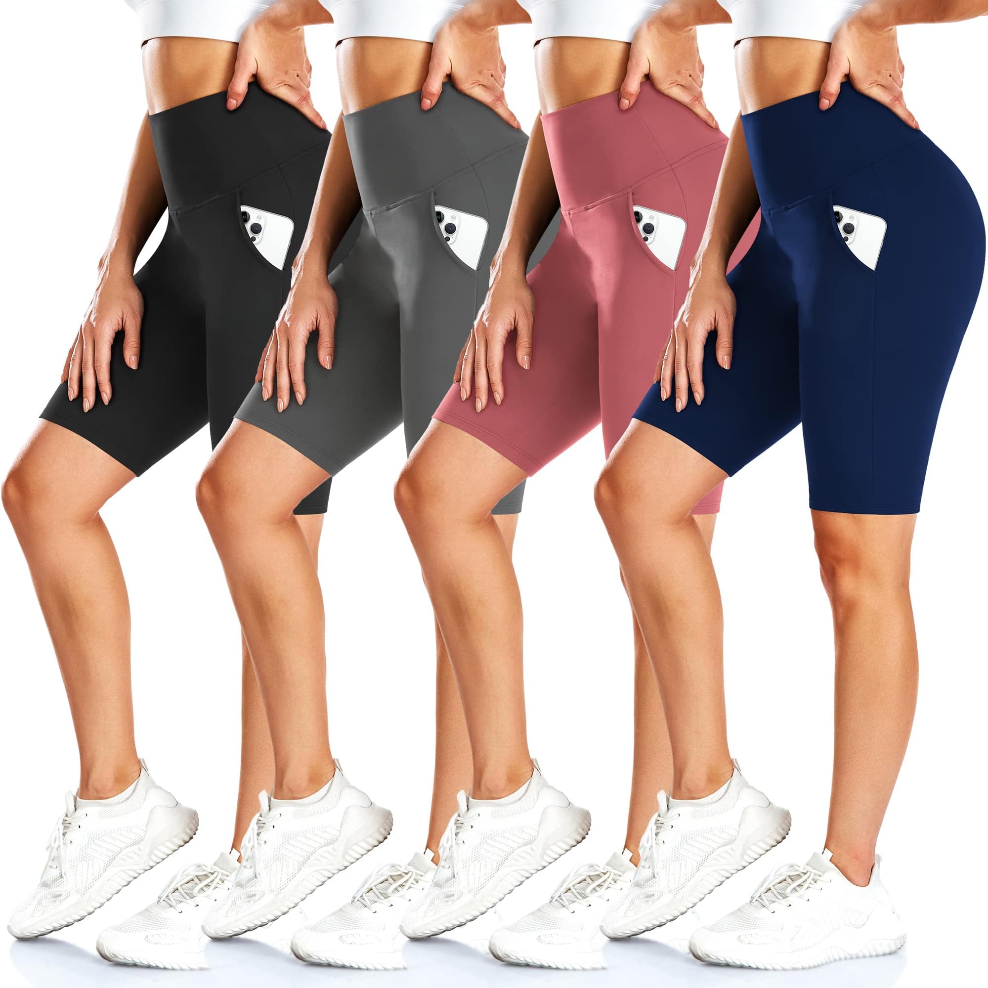 FULLSOFT 4 Pack Biker Shorts for Women with Pockets – 8' High Waisted Tummy Control Workout Yoga Running Shorts