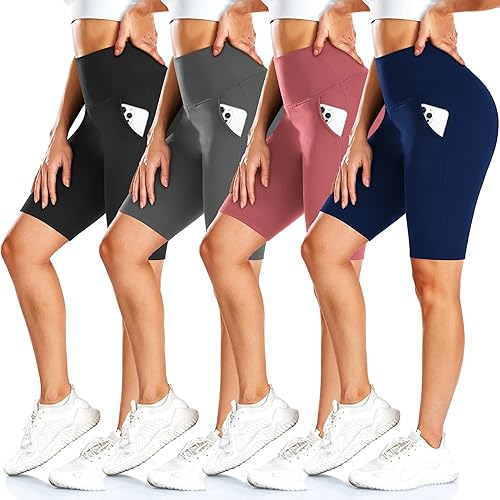 FULLSOFT Paquete de 4 pantalones cortos de ciclista para mujer con bolsillos 8" cintura alta control de abdomen, pantalones cortos de entrenamiento
