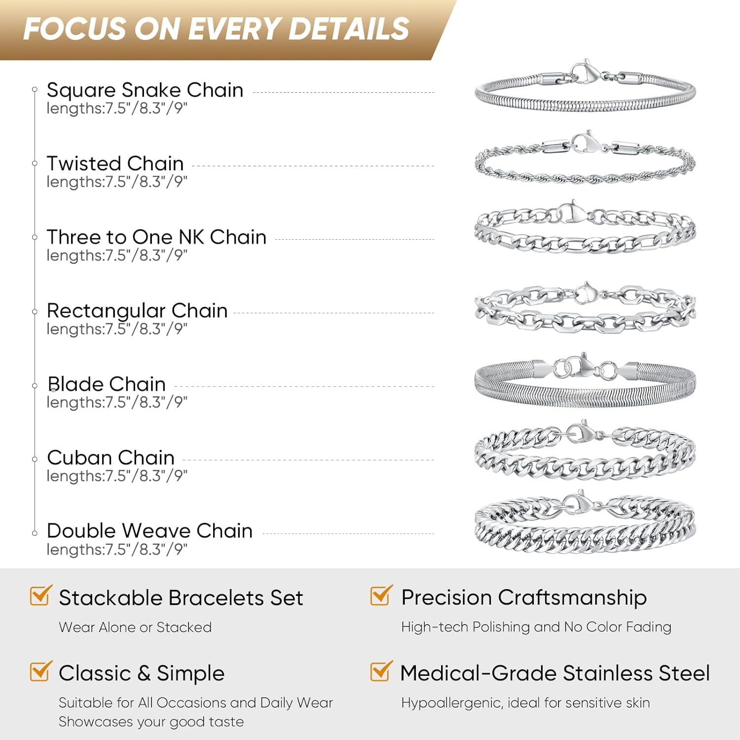 VNOX 5/7 Pcs Chain Bracelet for Men Women - Sturdy Stainless Steel Curb Width Cuban Link Chain Bracelet Set for Men Women,6.5/7/7.4/8.2/9 Inches - Image 7