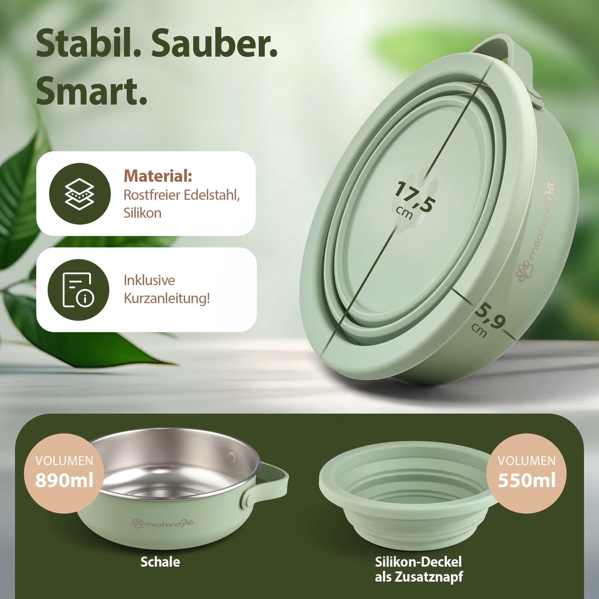 Pets Futternapf für unterwegs 900ml mit Deckel -Ideal für Reisen,Outdoor- Edelstahl Futternapf mit faltbarem Silikondeckel als Zweitnapf, Hundezubehör - robust, kompakt, hygienisch