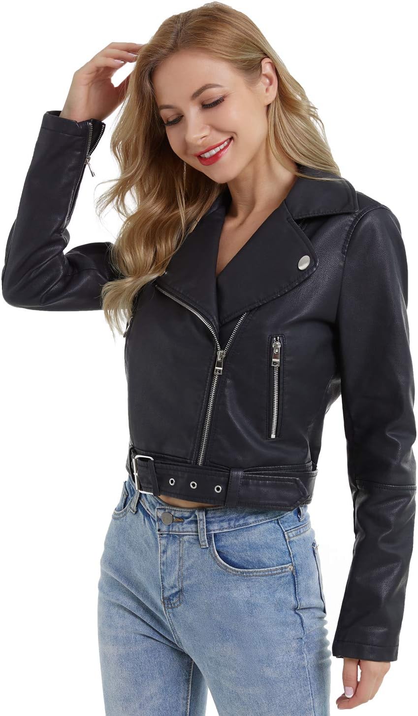 Faux Leather Jacket For Women Crop Short Cropped PU Slim Zip Up Moto Biker Coat Motorcycle Jackets