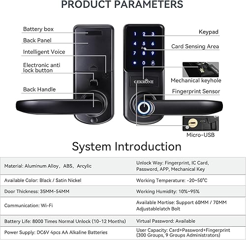 Miniatura 9 de Cerradura inteligente de huellas dactilares con manija de palanca, pantalla táctil con teclado, perilla de puerta delantera sin llave, control de