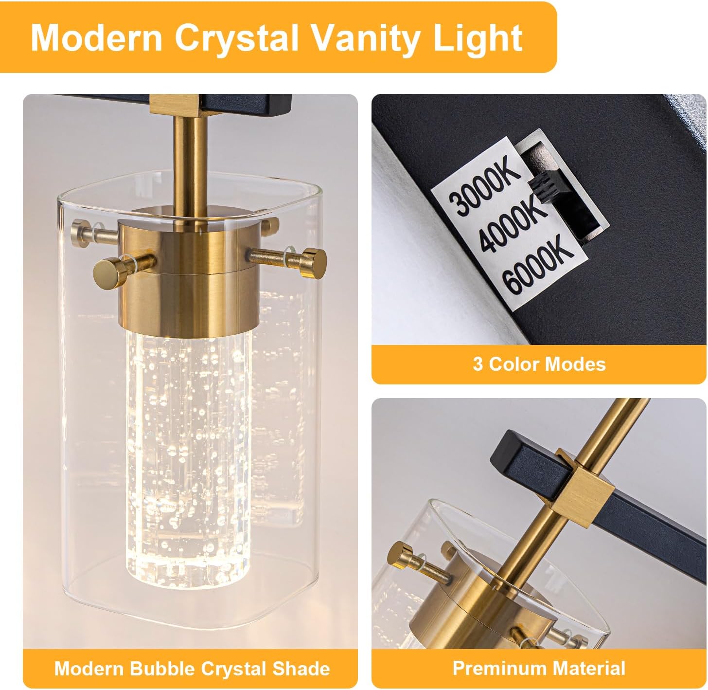 3-Light Black and Gold Vanity Light with 3 Color Modes (3000K/4000K/6000K),Dimmable Modern Wall Light Over Mirror,LED Bathroom Light Fixturewith Clear Glass Shade