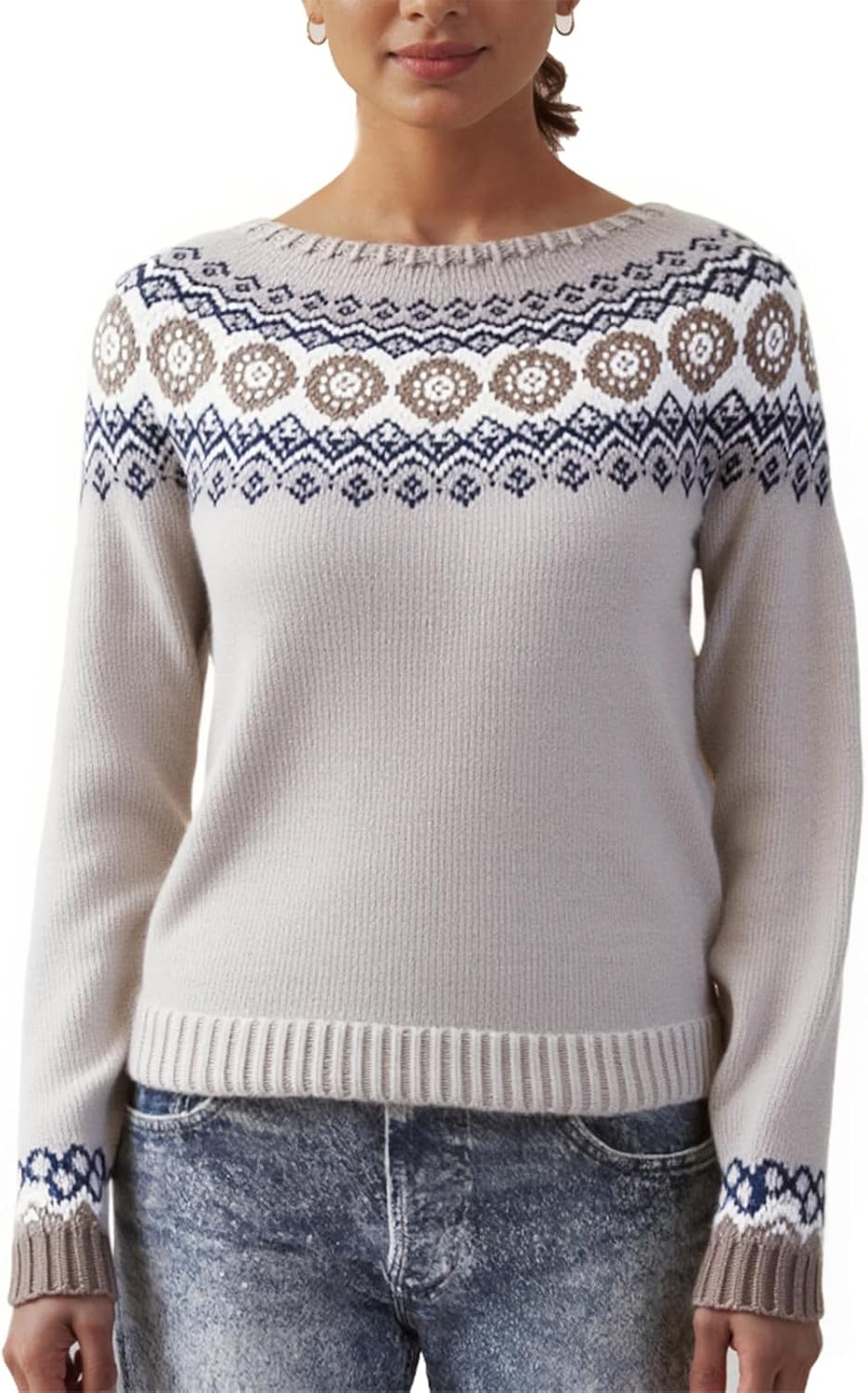 Women's Classic Fair Isle Pattern Knit Sweater 2024 Trendy Casual Loose Crewneck Long Sleeve Lightweight Jumper Tops