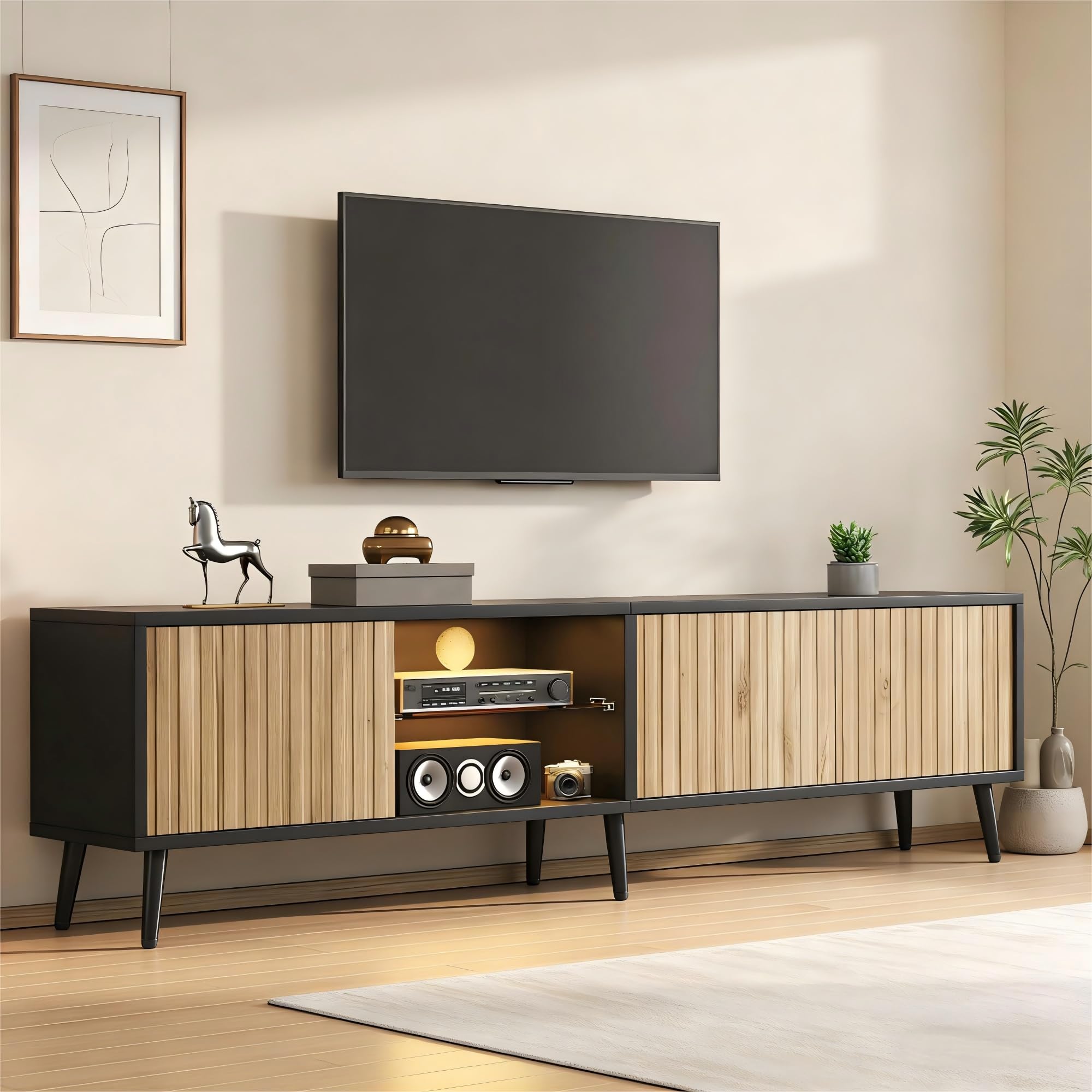 Mobile TV in legno naturale 175 cm - Mobile basso con portaoggetti LED e vetro temperato - grande mobile TV per schermo piatto da 75 pollici - Soggiorno moderno