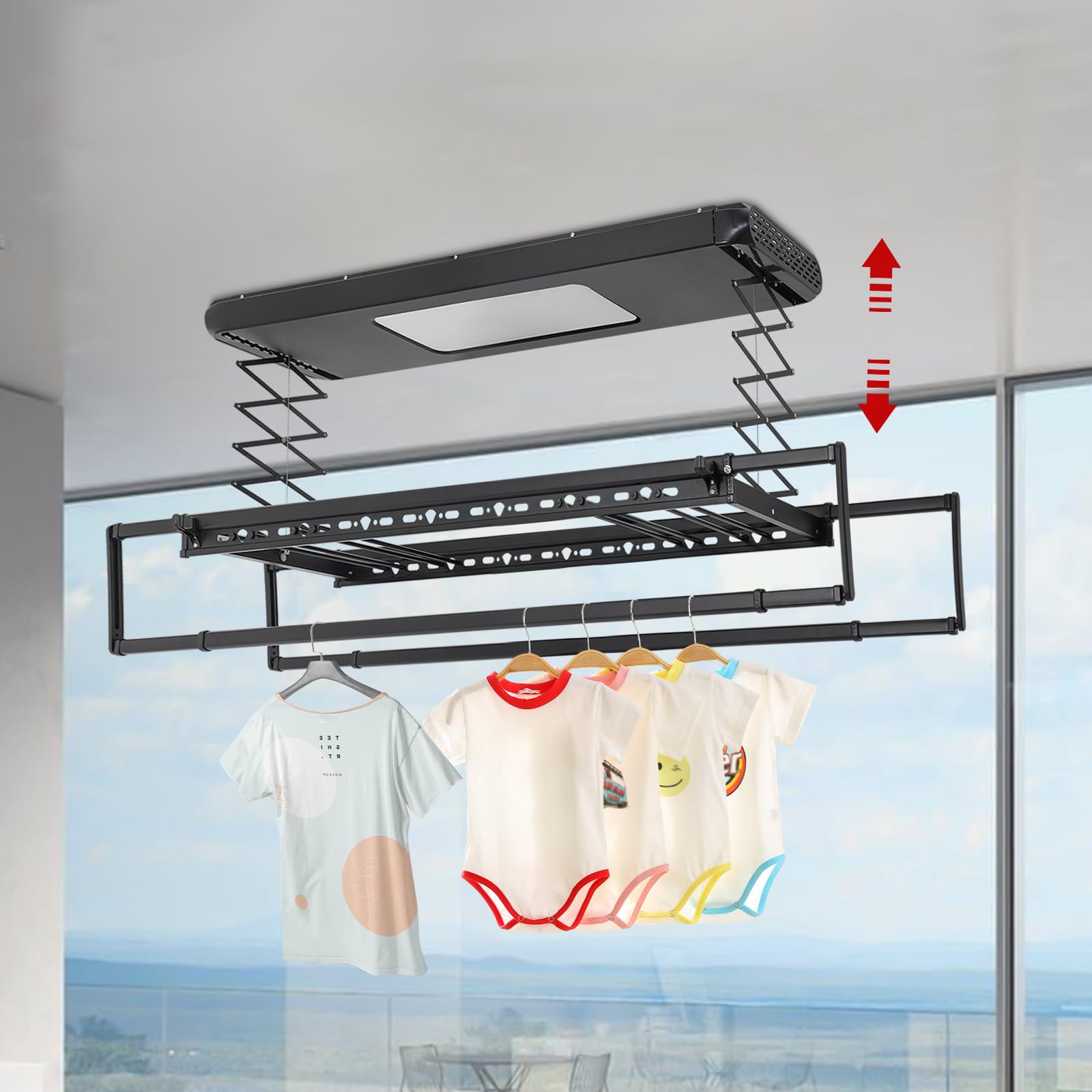 Suszarka do ubrań pod sufitem, elektryczna, 35kg pojemności | Regulowana wysokość (110cm) z pilotem zdalnego sterowania i diodami LED, 8+2 regulowane pręty, zabezpieczenie przed przeszkodami