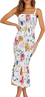 Women's Summer Floral Midi Tank Dress Sleeveless Strappy Ruffle Hem Smocked Bodycon Dresses