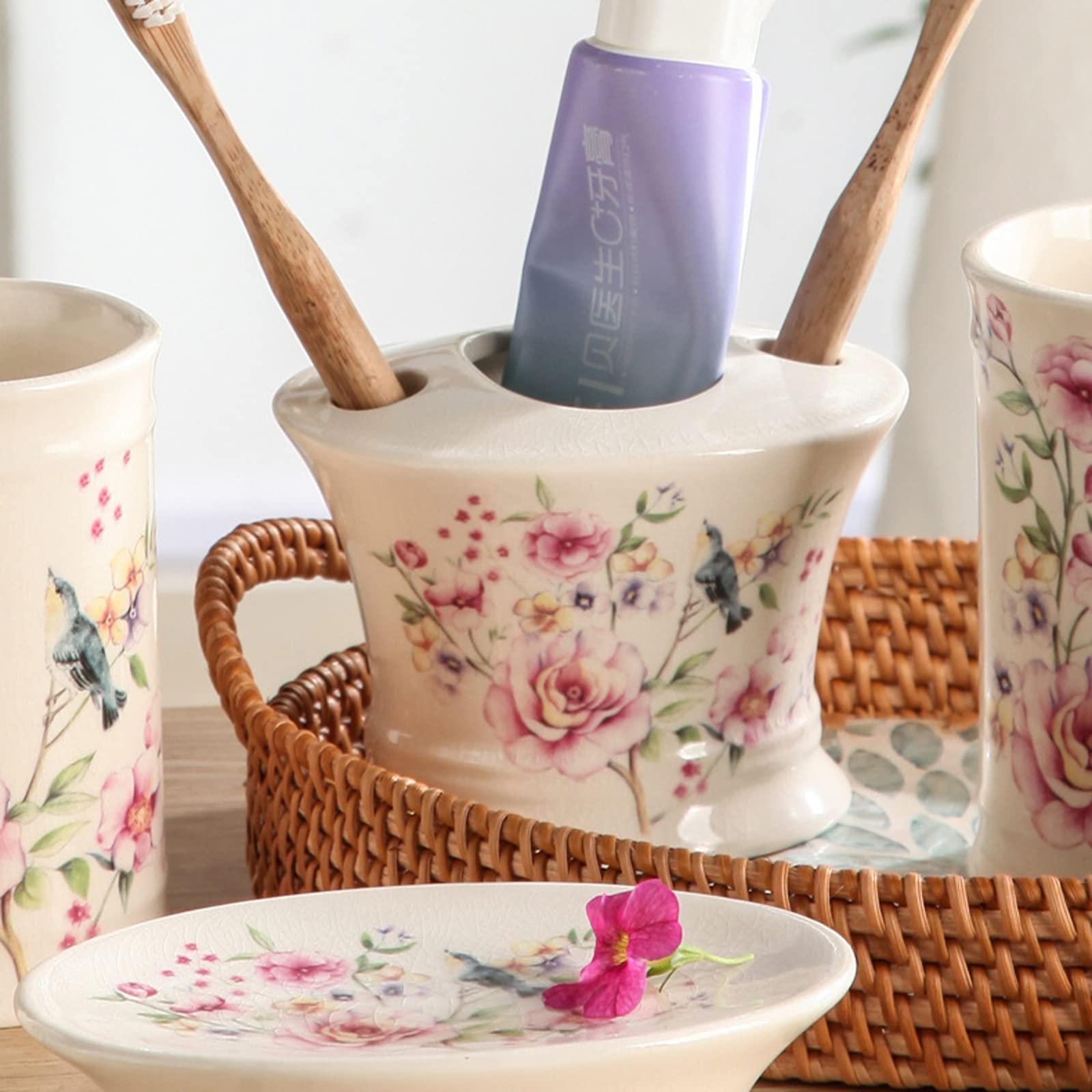 Juego de Accesorios de baño Retro Hecho a Mano, Incluye dispensador de jabón, Vaso, Soporte para Cepillo de Dientes, con patrón, pájaro, 5 Piezas