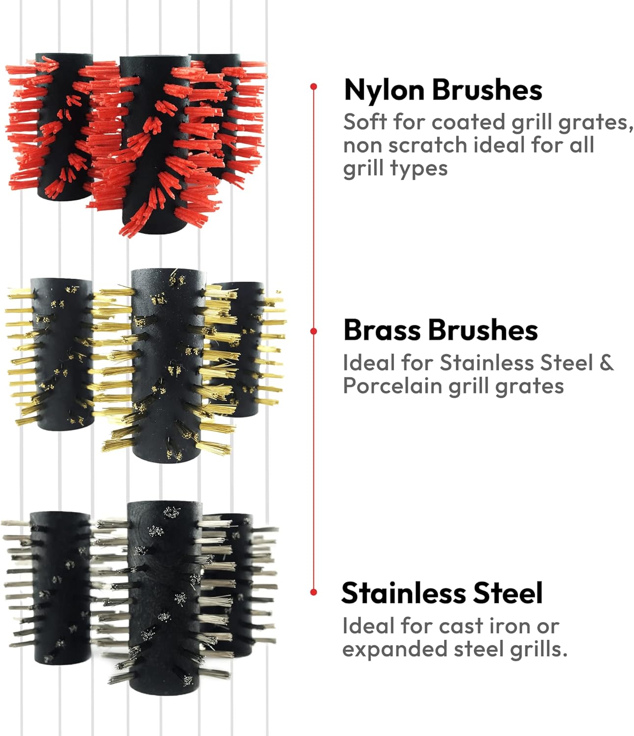 Grillbot Grill Brushes Bundle – Replacement Brushes for Grillbot Automatic Grill Cleaning Robot, Set of 3 Each Stainless Steel, Nylon and Brass Variety Pack