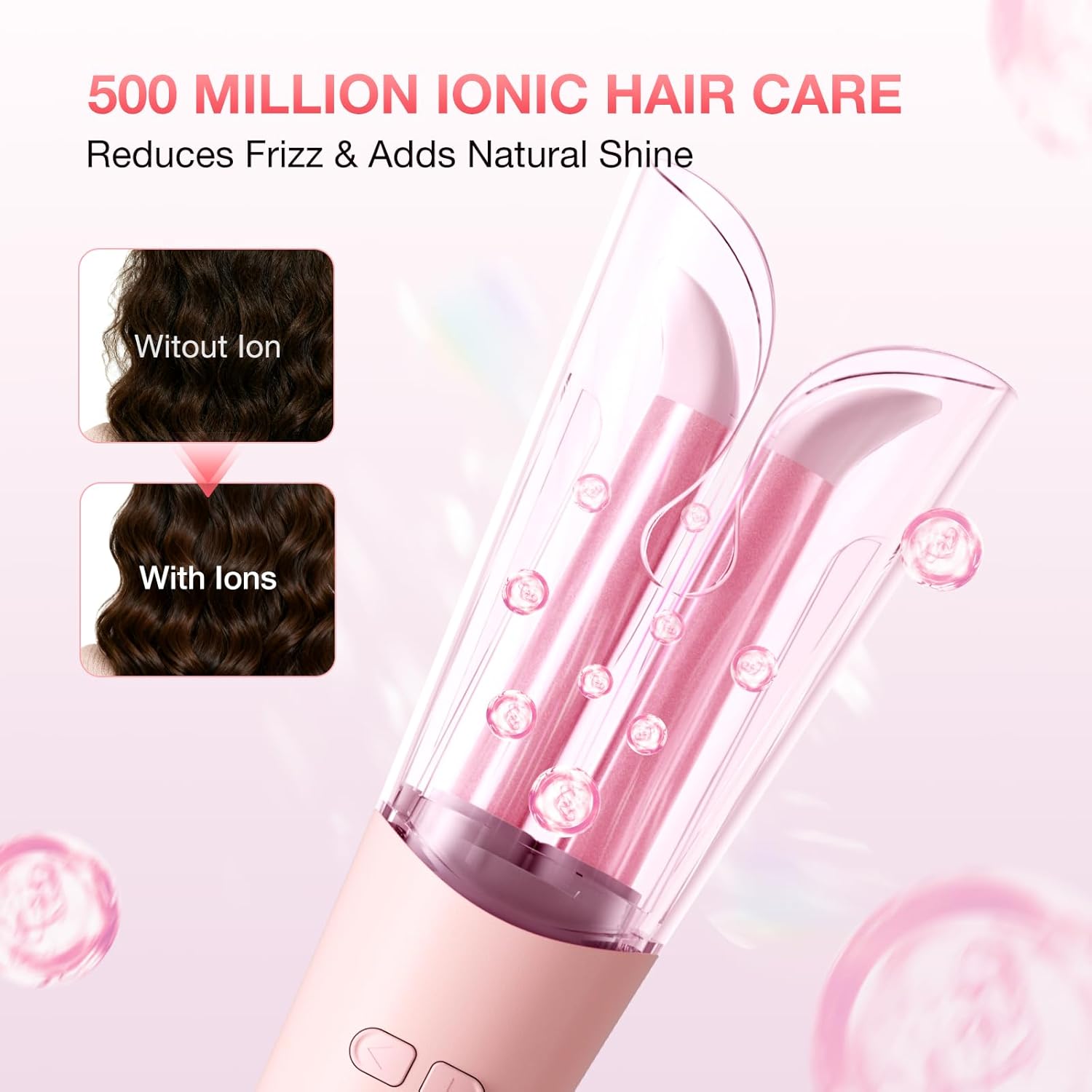 Automatic Curling Iron for Beginners, 1.25'' Rotating Curling Wand with 3 Temp, 2-Way Rotation, Anti-Scald-Tangle, 500 Million Ionic, Dual Voltage & Lightweight for Travel Hair Curler, Pink