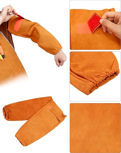 Miniatura 3 de QWORK Delantal y mangas de soldadura, juego de protectores de trabajo de soldadura, taller de trabajo de cuero resistente al calor y al fuego, ropa