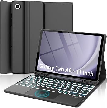KVAGO for Samsung Galaxy Tab A9+ 11" 2023 & A11 Plus 11" 2025 Case with Keyboard, Smart Touchpad, 7 Colors Backlit, Slim PU Detachable Magnetic Keyboard with S Pen Holder, Auto Sleep/Wake, Black