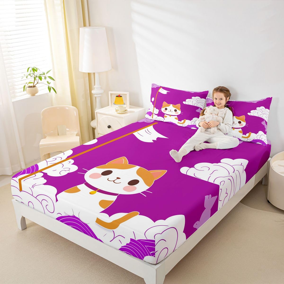 Sábana bajera ajustable de gato Kawaii tamaño King (no plana), juego de ropa de cama de 3 piezas con diseño de bandera de olas japonesas, decoración de habitación de niños y mujeres, sábana de
