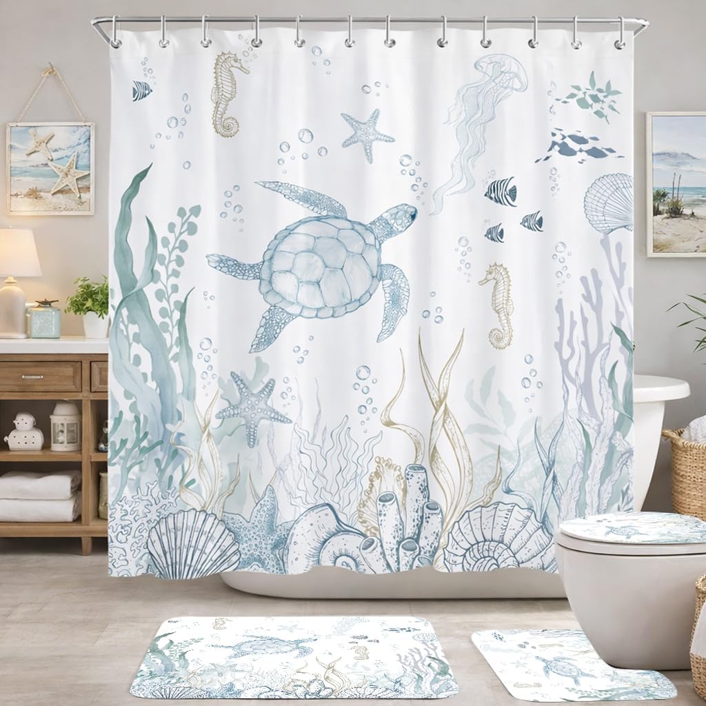 4 Pcs Sea Turtle Shower Curtain Set Ocean Bathroom Decor Coastal Marine Life Beach Theme Turtle Shower Curtain with Rugs Toilet Lid Cover Bath Mat, 72x72 Inches