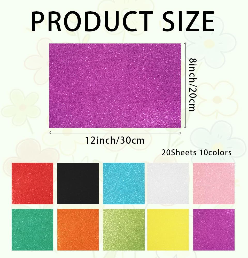 Glitter Cardstock 20 Pack Glitter Foam Sheets Craft 8 x 12 Inch Gilitter Scrapbook Colored Sparkles Foam Papers for Art Crafts Projects Card Making Classroom Scrapbook DIY Cutter Card Party Decoration