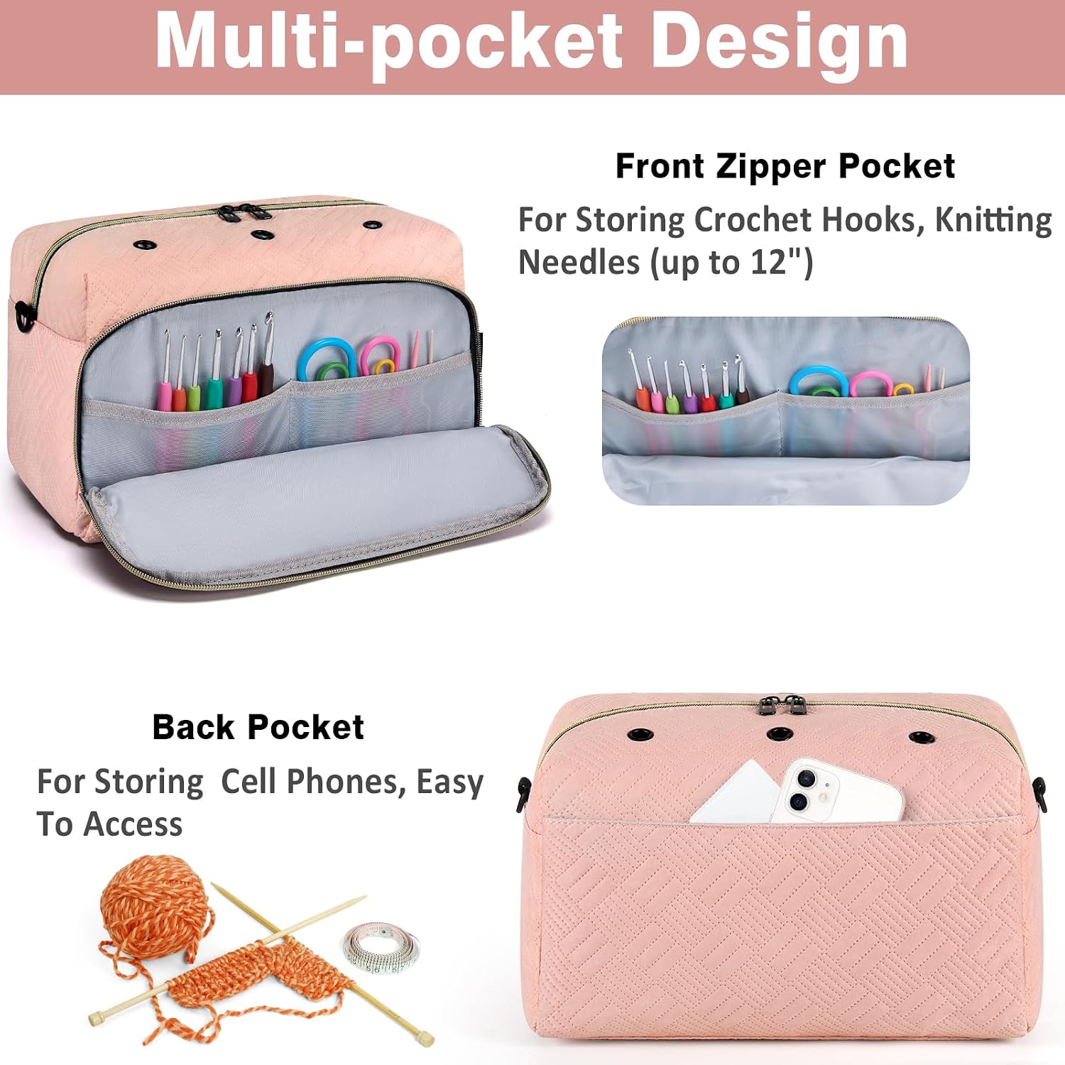IBFUN Crochet Yarn Knitting Bag 2 Pcs Yarn Storage Organizer Crocheting Bags for Beginners with Shoulder Strap for Knit Accessories Needles Hooks