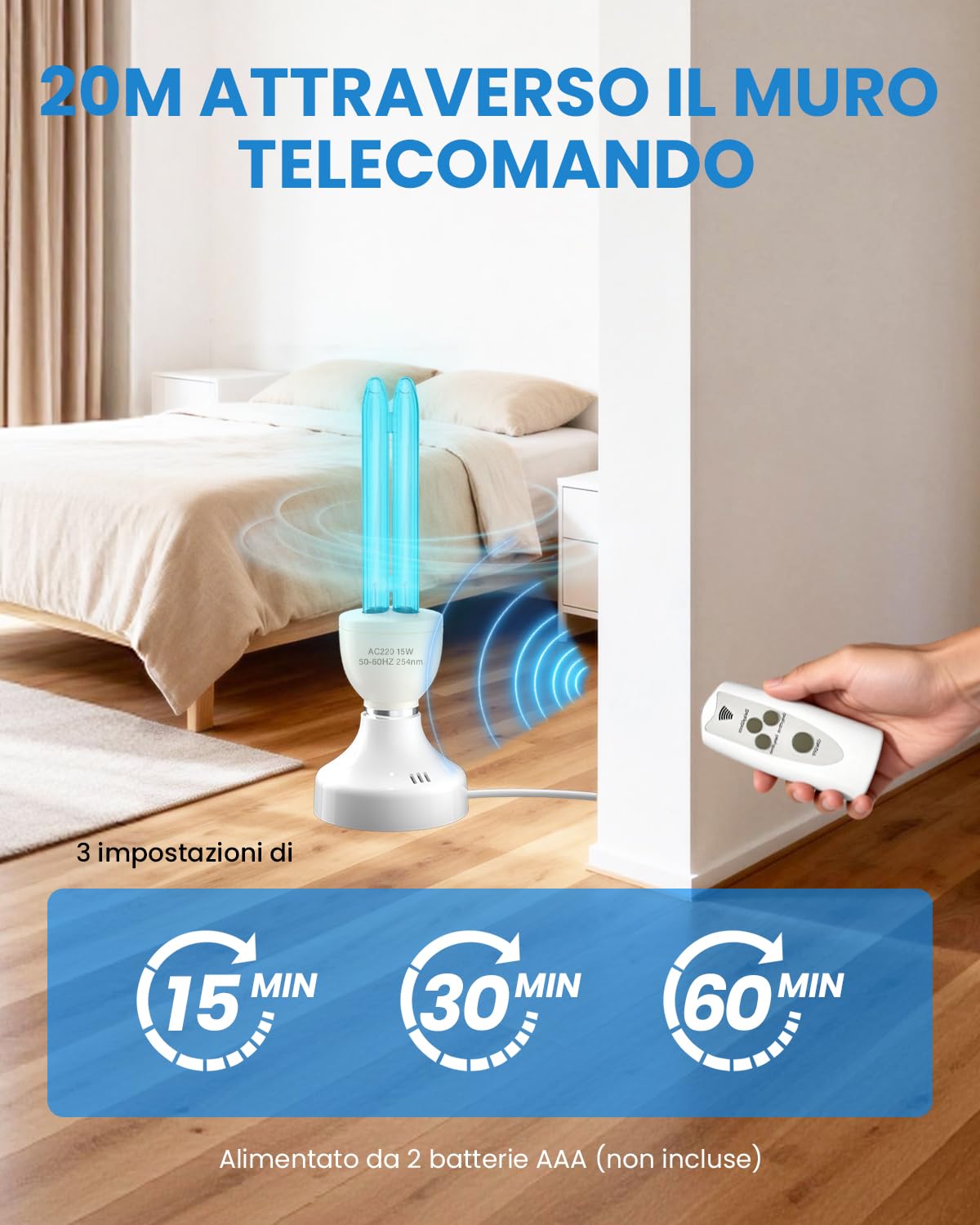 15W Lampada UV Ozono E27 con telecomando e 15/30/60 timer, Lampada Germicida Raggi UVC 254nm con Tubo al Quarzo Brine Ozono Contro Batteri Virus e Acari per Case, Uffici, Ristoranti e Scuola