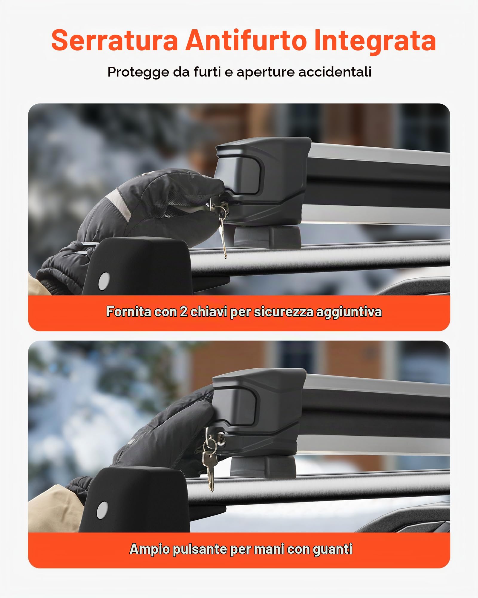 VEVOR Portasci e Snowboard, Portasci per Tetto Auto Scanalatura a T Porta 4 Paia di Sci o 2 Snowboard, 2 Supporti Universali in Alluminio per Portapacchi Auto con Serratura e Imbottitura in Gomma