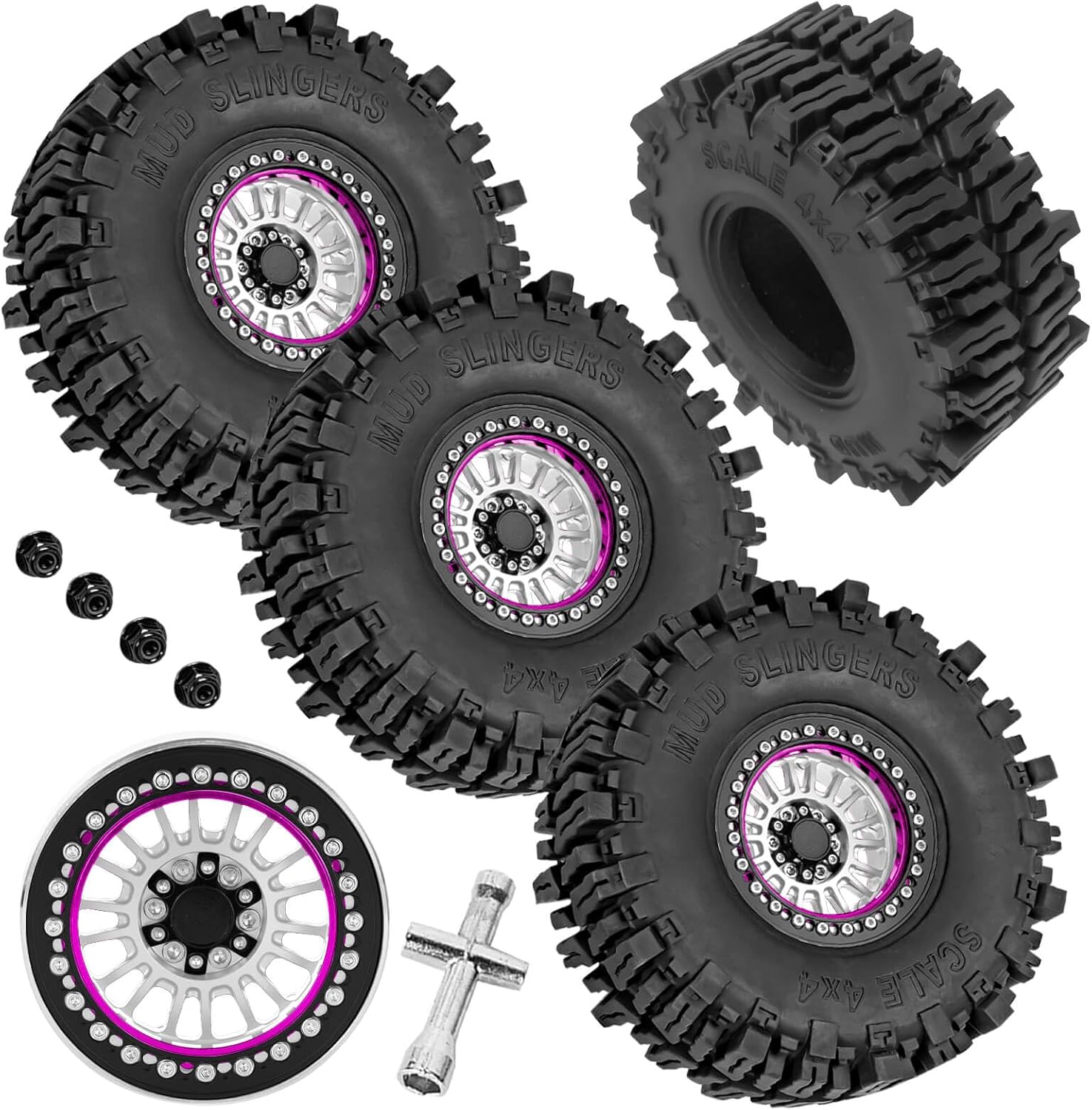 RC 2.2" Beadlock Wheel and Tires Set for 1/8 1/10 TRX4 TRX6 SCX10 II III D90 90046 Gen8 MST VS4-10 CFX Crawler Car,(4PCS) RC Wheels Rims&2.2 Beadlock Wheel Tires,Silver
