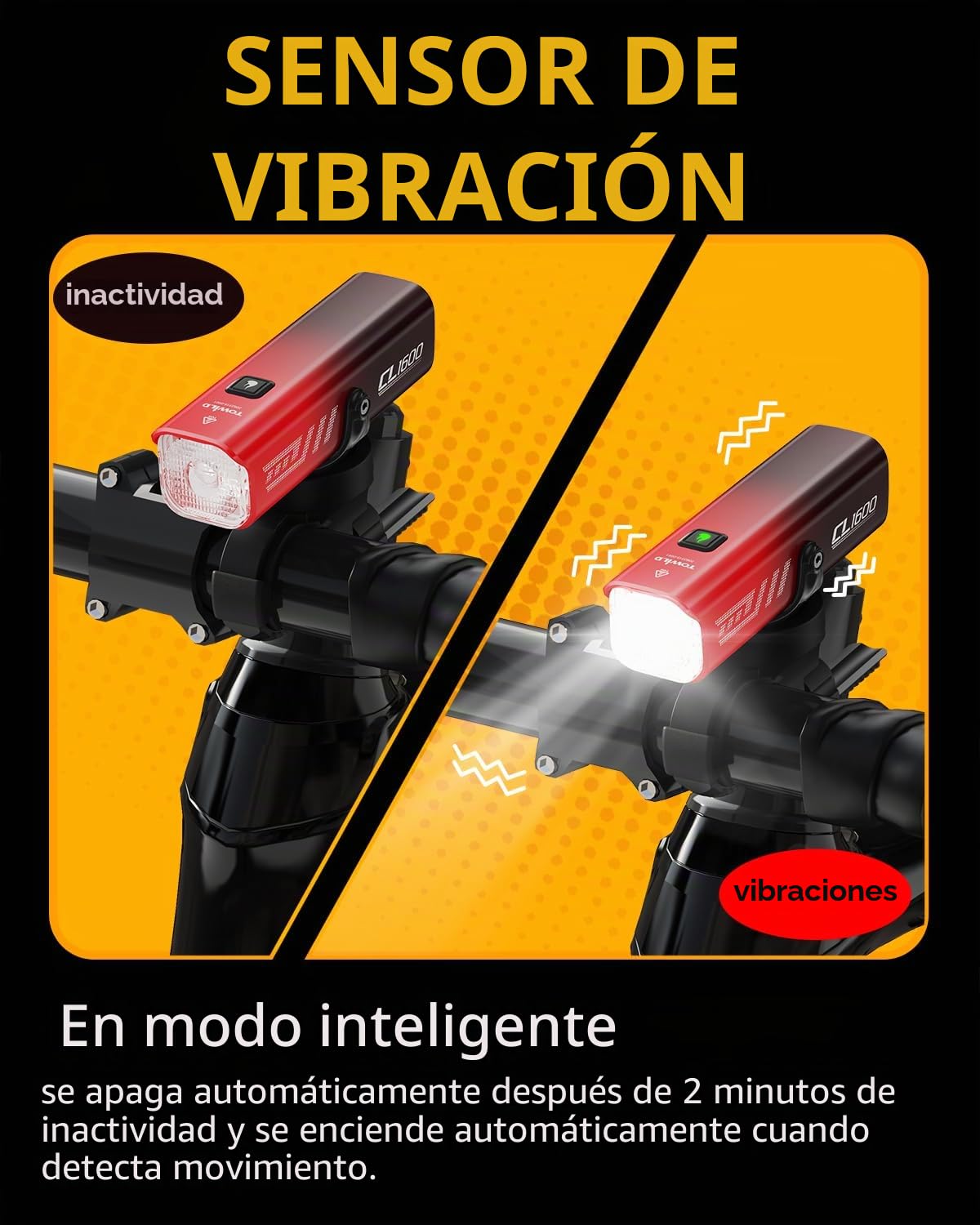 TOWILD CL1600 Luz Bicicleta Inteligentes, 1600 Lumen 5000mAh Luces Delantera Tipo C Recargable Faro de Bicicleta para MTB/Bicicleta de Carretera,12 Horas de Duración,5 Modos Luz de Ciclismo