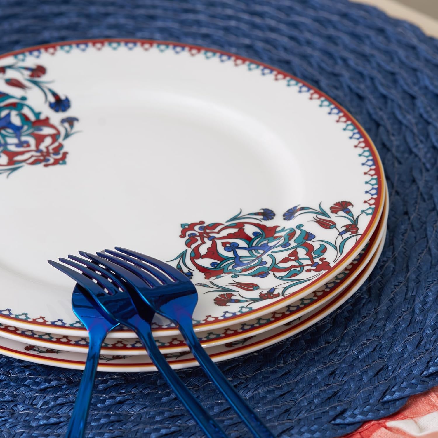 Karaca Nakkas 18 Piece Turkish Teacups & Appetizer Plate Set for 6 People - Colorful Dessert Plates (7.4"), Small Turkish Tea Glasses with Saucers - Glass Tea Cups & Porcelain Dish Set