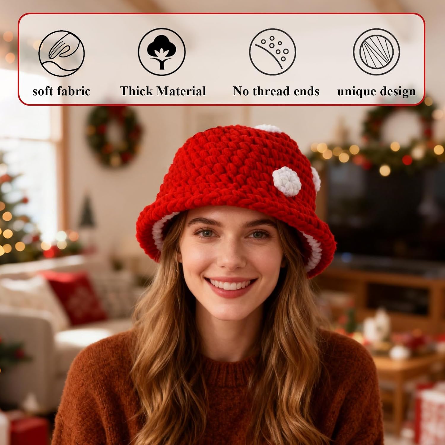 Crochet Mushroom Hat,Red with White Polka Dots Funny Knit Bucket Winter Hat for Women, Mushroom Gifts for Women - Image 5