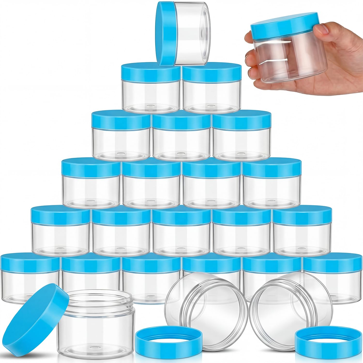 SATINIOR 24 Pieces Clear Plastic Jars with Lids, Blue Lid, 6 oz