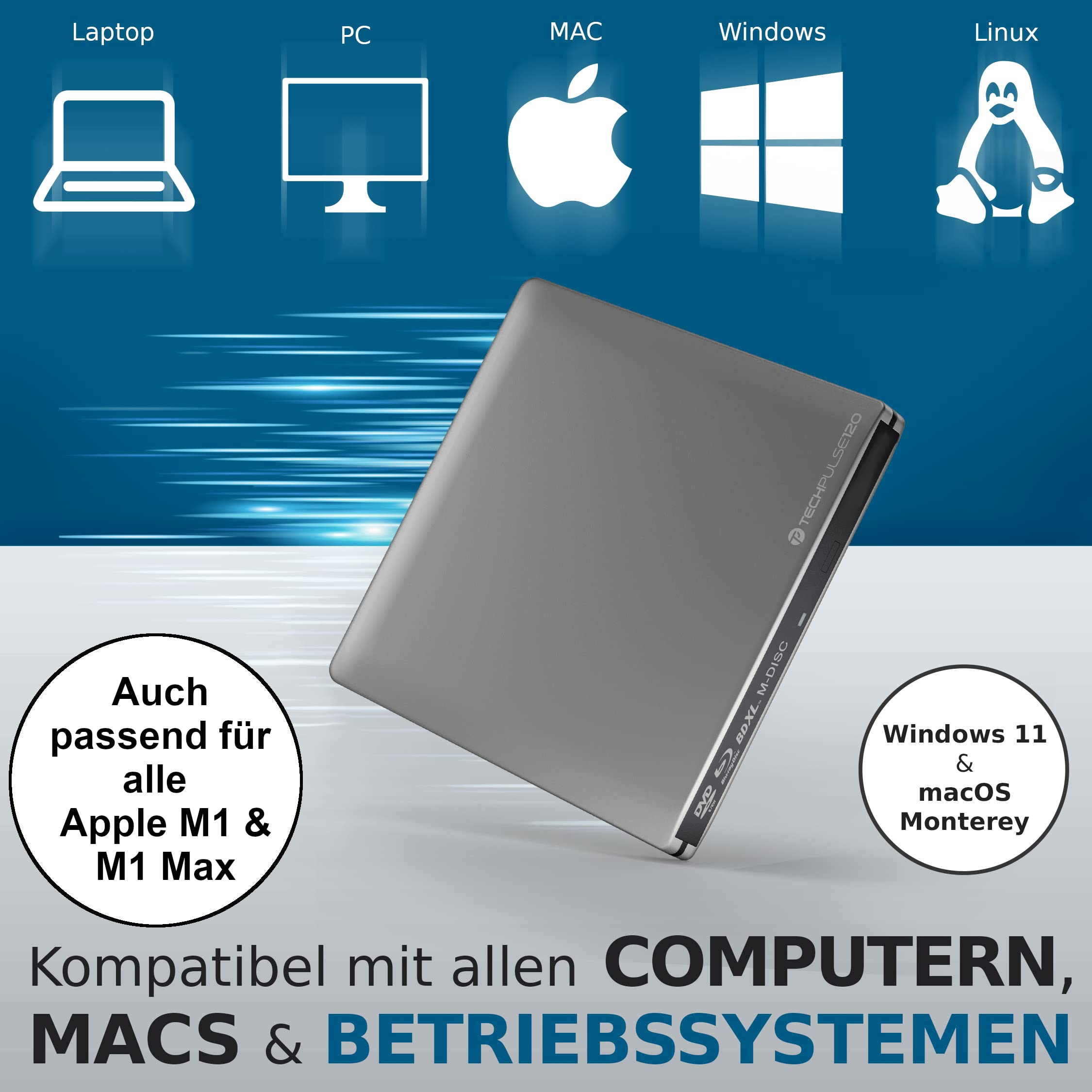 techPulse120 USB 3.0 Typ-C externer Blu-ray Brenner 3D M-Disc BDXL 100GB Burner Superdrive Blueray Laufwerk BD DVD CD Slim für Computer Notebook Ultrabook Windows MacOS Apple iMac MacBook Alu Silber