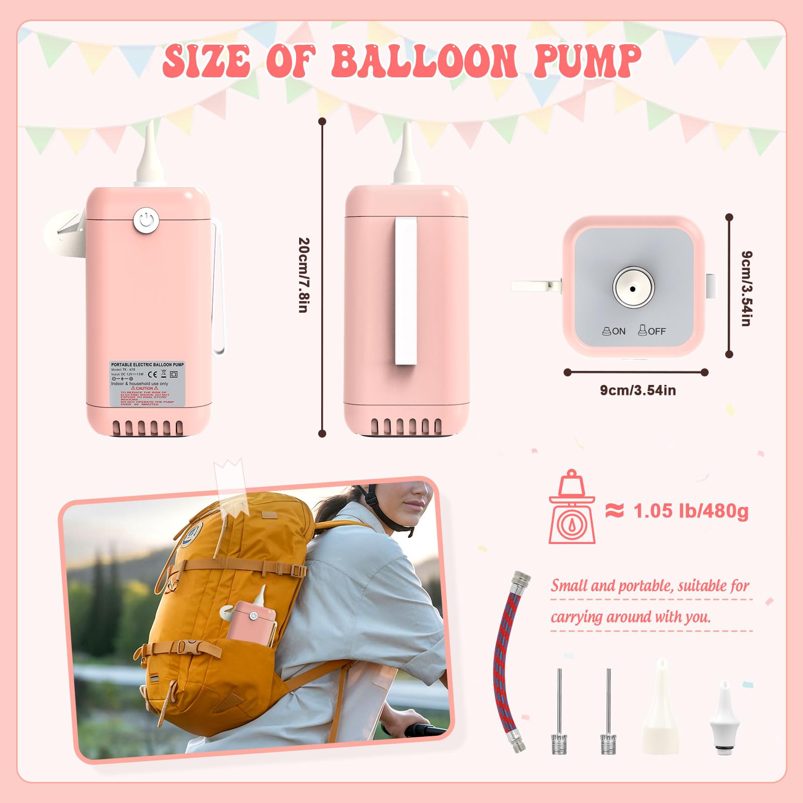 PlusFive Pompa elettrica per palloncini da modellare, pompa per palloncini portatile, con pompa a palloncino, per palloncini lunghi 260 Q, decorazione (rosa)
