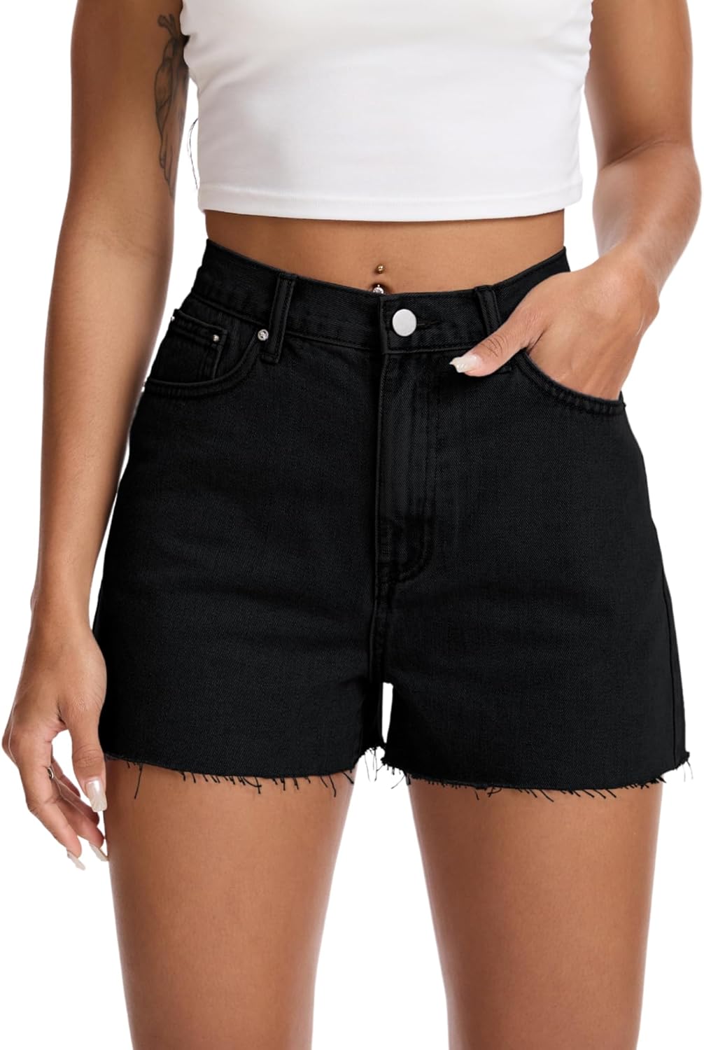 High Waist Denim Shorts for Women Casual Cut-Off Raw Hem Jeans Short for Summer Vocation Beach