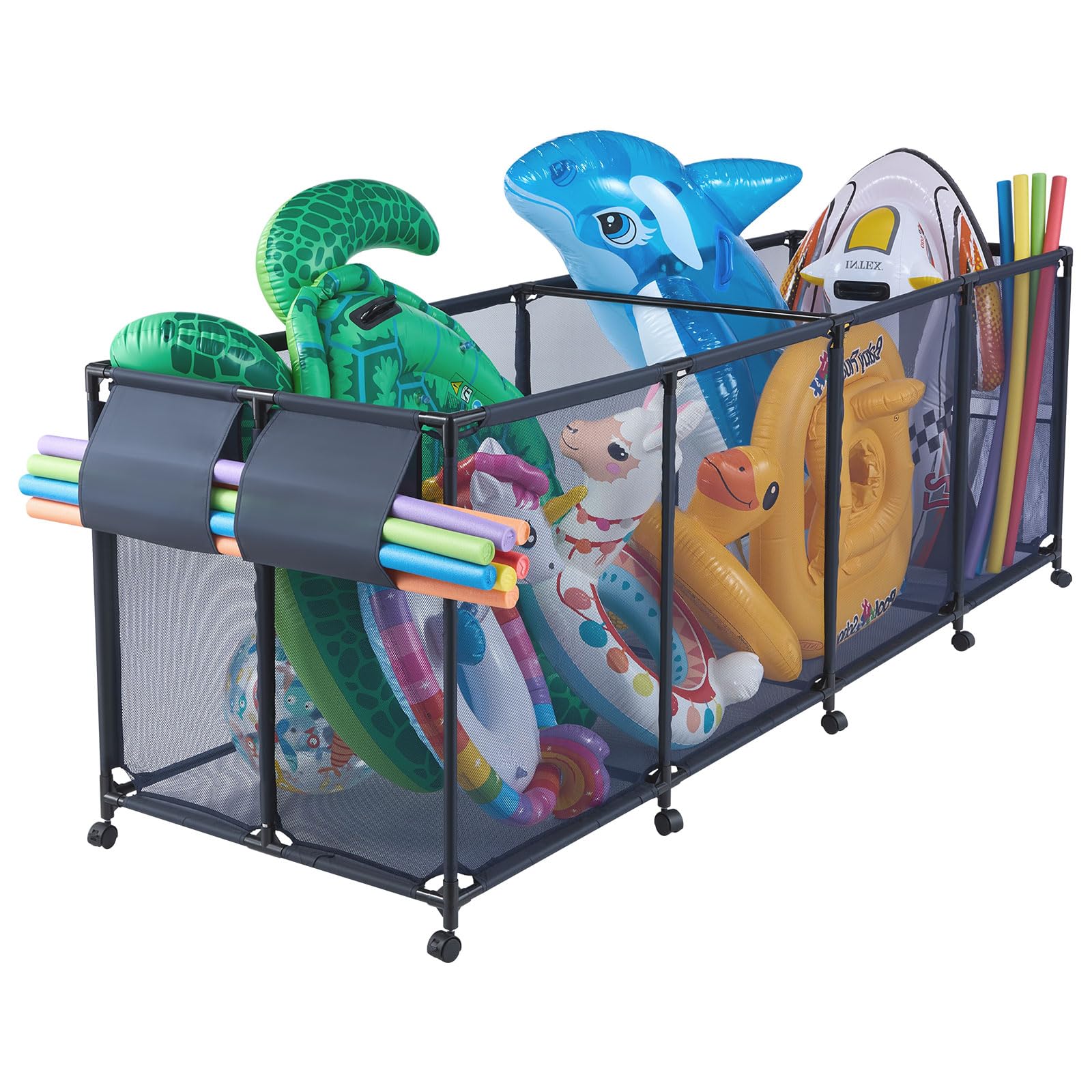 VEVOR Pool Storage Container 2620 x 815 x 890 mm, Organiser with Side Pockets, Metal Frame, Mesh Basket, Storage Box, Organiser Basket, Storage Trolley for Pool Toys
