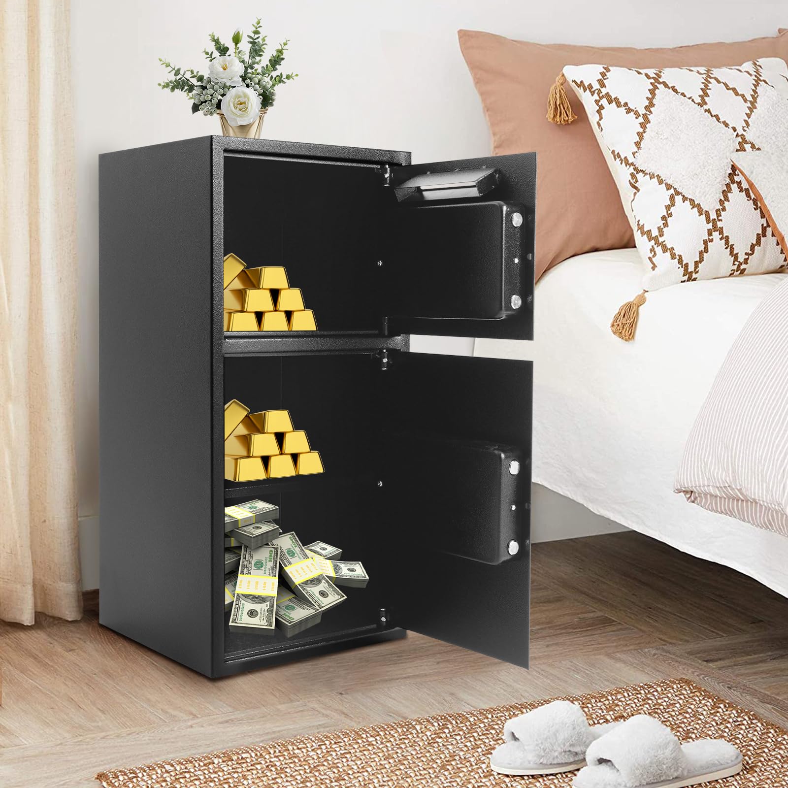 Caja fuerte | Caja fuerte electrónica con llave y código digital | Gran compartimento de seguridad para el hogar, oficina, joyas, dinero en efectivo y documentos, antirrobo, protección contra