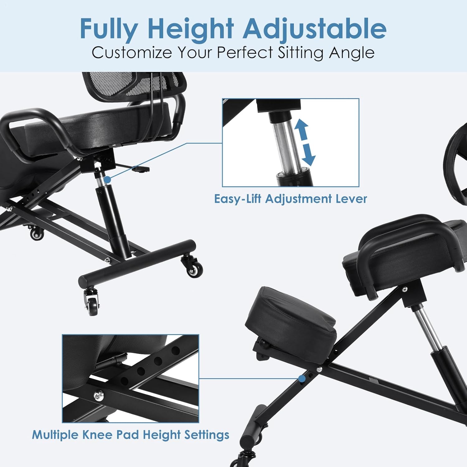 Ergonomic Kneeling Chair with Backrest & Lumbar Support, Adjustable Height Desk Chair with Wheels & Thick Cushion, Ideal for Office & Work from Home, Support Upright Sitting & Relieve Back Pain
