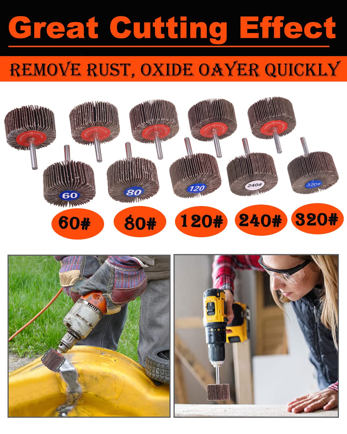25 Pcs 2" X 1" X 1/4" Abrasive Flap Wheels Set, 60/80/120/240/320 Grits Aluminum Oxide Sanding Flap Wheel for Removing Rust and Weld Burr with 1/4" Shank