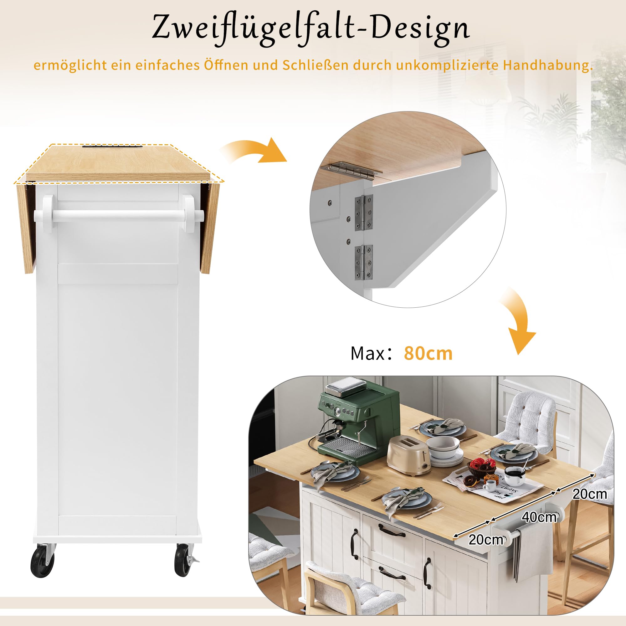 Kücheninsel mit Rollen & ausziehbarem Esstisch, Mobile Kücheninsel mit Steckdosen, Schubladen & Handtuchhalter, Platzsparender Küchenwagen klappbar für kleine Küchen & Esszimmer (Weiß)