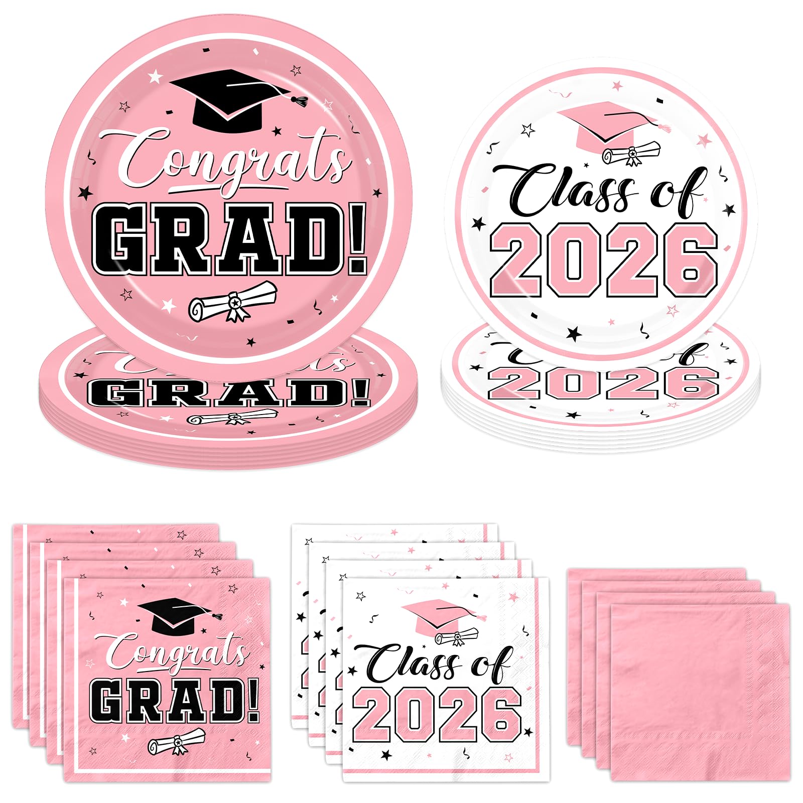 Graduation Party Plates and Napkins Pink Class of 2026 Grad Congrats Party Supplies Disposable Dessert Paper Plates Cocktail Napkins forGraduation