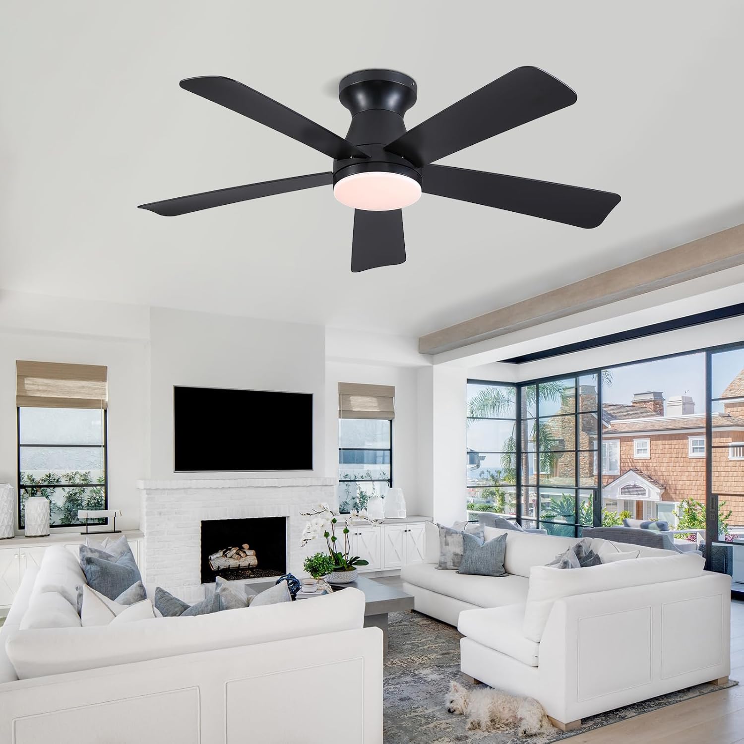 46" Low Profile Ceiling Fans with Lights and Remote, Black Indoor Ceiling Fan Light with Quiet Reversible DC Motor,Modern Flush Mount Ceiling Fans with Dimmable LED for Bedroom Kitchen