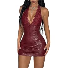 BEAUDRM Women's Lace Bodycon Mini Dress Faux Leather Sleeveless Open Back Rave Party Club Dresses