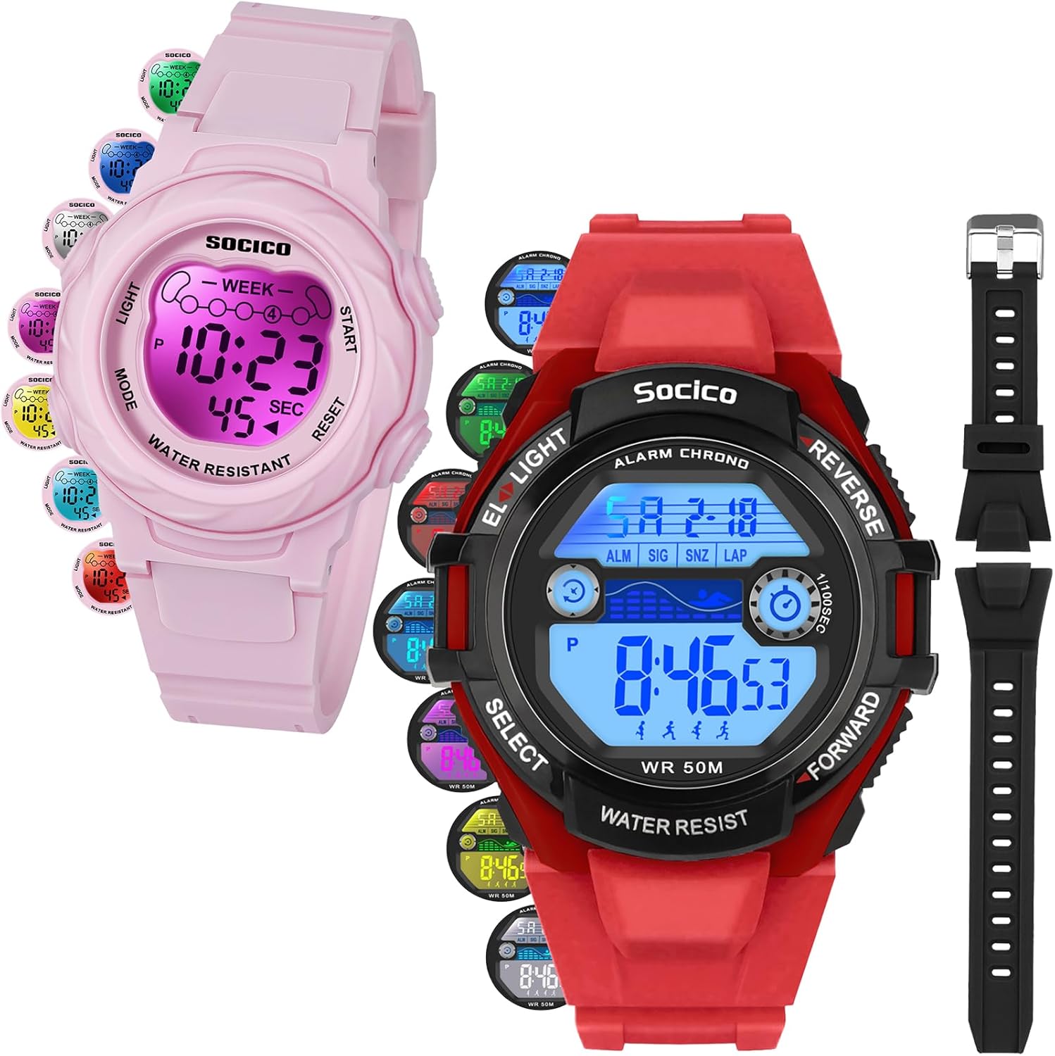 SOCICO Kids Digital Watches for Boys Teen Girls, 7 Color Lights Waterproof Sports Watch for Kids with Stopwatch Alarm, Great Present for Girls Ages 5-18 Teenagers