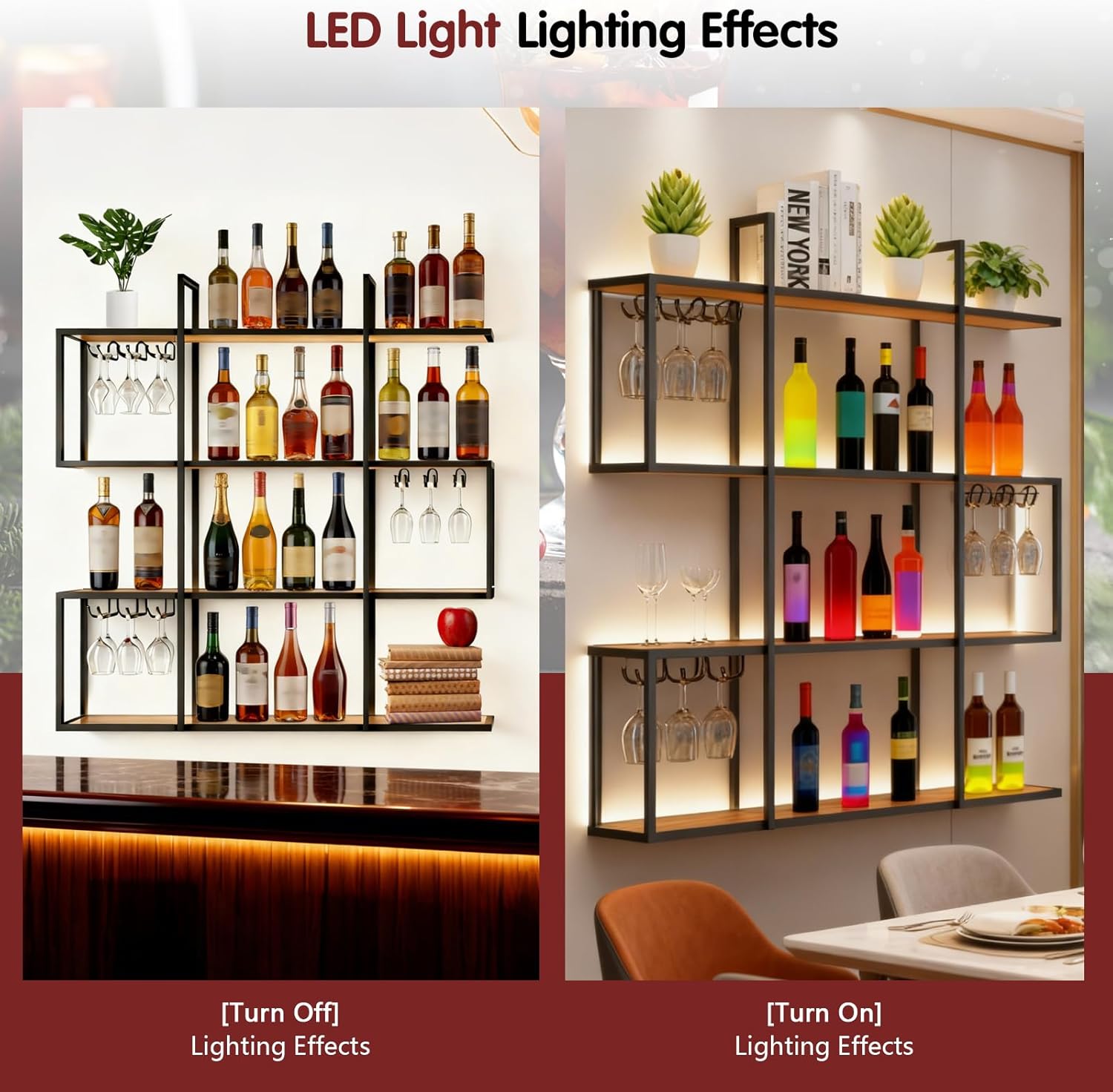 LED Industrial Wall Mounted Wine Rack with Glass Holder, Wood and Metal Wall-Mounted Bar Shelf, Floating Liquor Shelf with Stemware Rack (Black, 47.24inch/120cm)