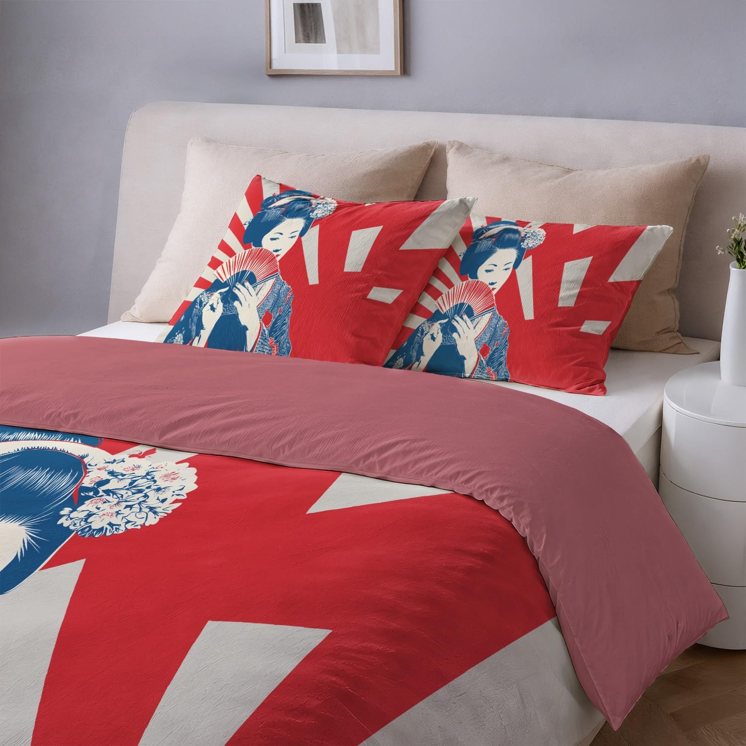 Genérico Red Blue Duvet Cover 260 x 240 cm Abstract Fantasy Japanese Style Geisha - 3-częściowy zestaw z miękkiej i oddychającej mikrofibry - przeciwzmarszczkowy, zamek błyskawiczny