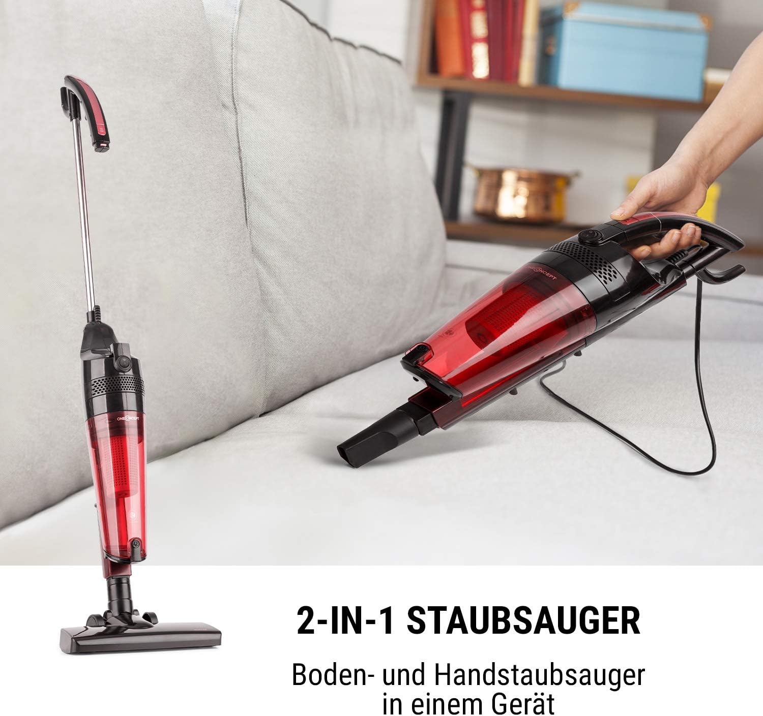 oneConcept Duster 2-in-1 Vacuum Cleaner showing both floor and handheld configurations