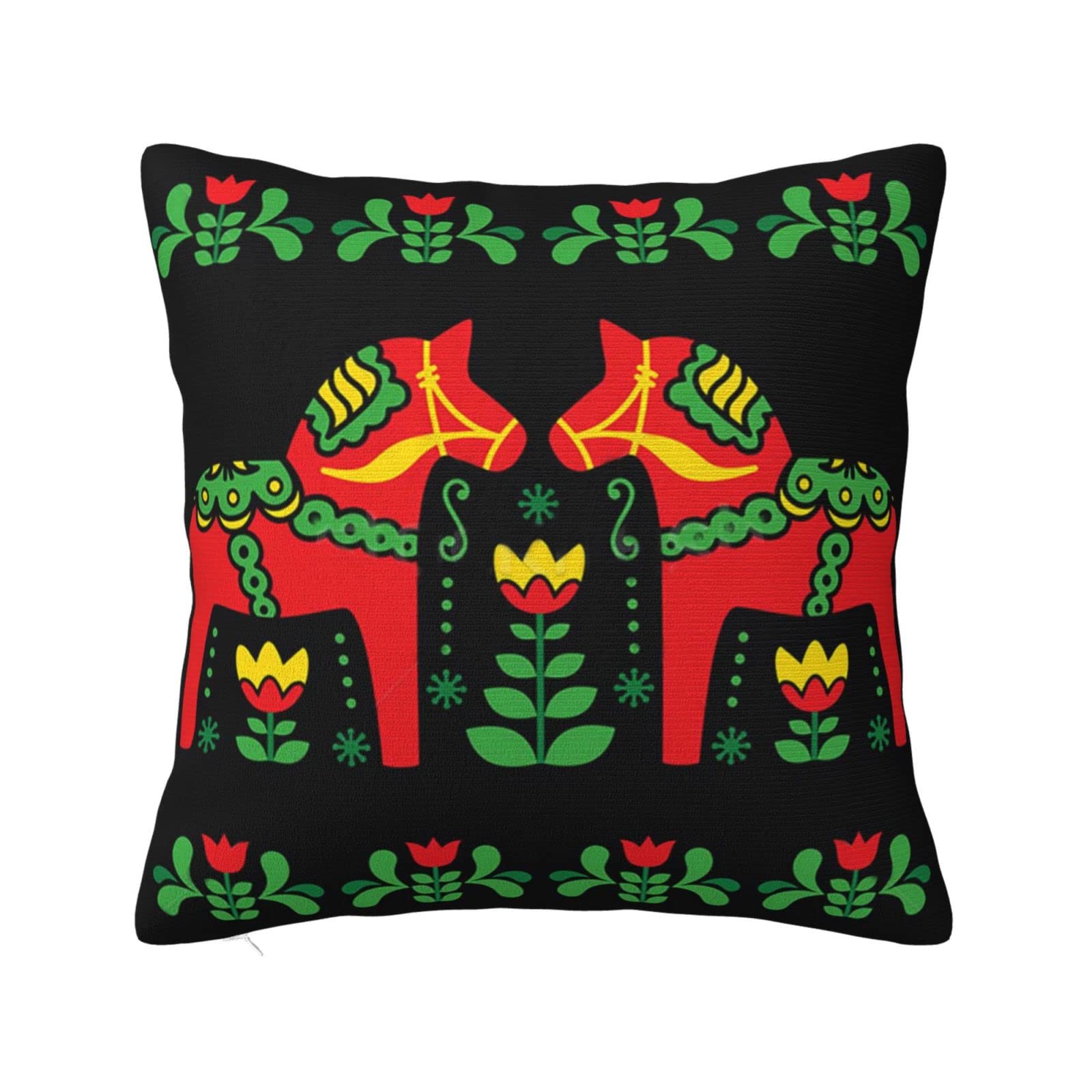 Square Pillow Cover Flower Swedish Dala Horses Throw Pillow Cover Funky Pillowcase Fashion Throw Pillow Case 45X45Cm For Bench Garden Sofa Chair