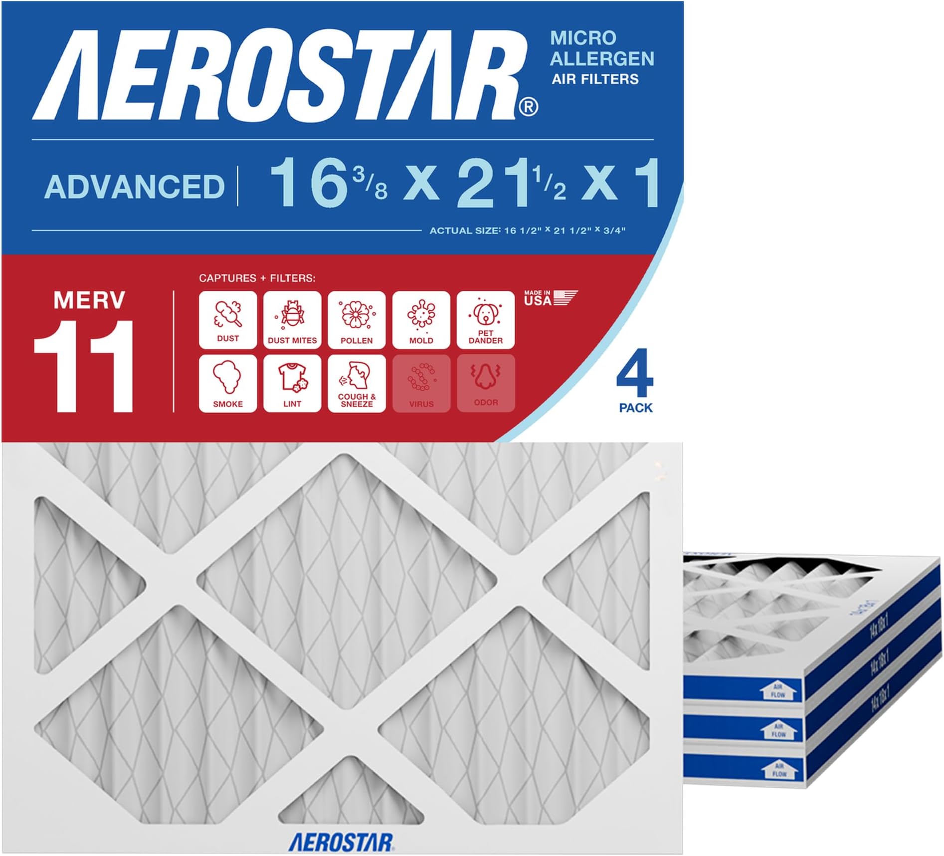 Aerostar 16 3/8 x 21 1/2 x 1 MERV 11 Pleated Air Filter, AC Furnace Air Filter, 4 Pack (Actual Size: 16 3/8"x21 1/2"x3/4")